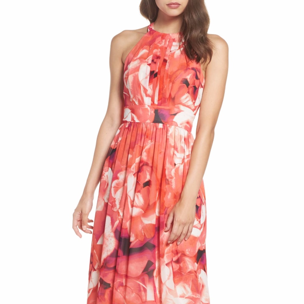 Eliza J Flower Peach/pink Print Chiffon Maxi Dress
